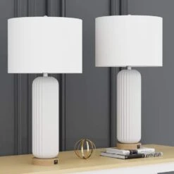 28 In. White Modern Dimmable Ceramic Bedroom Living Room Bedside Desk Nightstand Table Lamps USB Port (Set Of 2) -Lamp Parts white maxax table lamps t164 wh 1f 1000