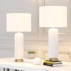 28 In. White Modern Dimmable Ceramic Bedroom Living Room Bedside Desk Nightstand Table Lamps USB Port (Set Of 2) -Lamp Parts white maxax table lamps t164 wh 44 1000