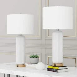 28 In. White Modern Dimmable Ceramic Bedroom Living Room Bedside Desk Nightstand Table Lamps USB Port (Set Of 2) -Lamp Parts white maxax table lamps t164 wh 4f 1000