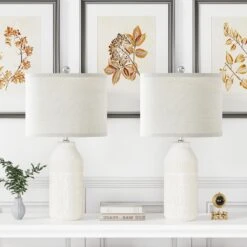 Sacramento 23 In. White Modern Dimmable Ceramics Bedroom Living Room Bedside Desk Nightstand Table Lamps Set Of 2 -Lamp Parts white maxax table lamps t181 bn 4f 1000