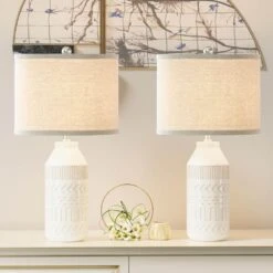 Sacramento 23 In. White Modern Dimmable Ceramics Bedroom Living Room Bedside Desk Nightstand Table Lamps Set Of 2 -Lamp Parts white maxax table lamps t181 bn e1 1000