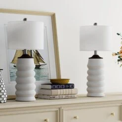 Salem 23 In. White Modern Dimmable Resin Bedroom Living Room Bedside Desk Nightstand Table Lamps Usb Port Set Of 2 -Lamp Parts white maxax table lamps t187 wh 4f 1000