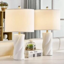 Sacramento 24 In. White Modern Dimmable Ceramic Bedroom Living Room Bedside Desk Table Lamps Set Of 2 -Lamp Parts white maxax table lamps t199 wh 40 1000
