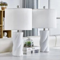 Sacramento 24 In. White Modern Dimmable Ceramic Bedroom Living Room Bedside Desk Table Lamps Set Of 2 -Lamp Parts white maxax table lamps t199 wh e1 1000