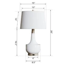 26 In. White Modern Dimmable Ceramic Bedroom Living Room Bedside Desk Nightstand Table Lamps USB Port (Set Of 2) -Lamp Parts white maxax table lamps t223 wh s a0 1000