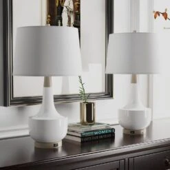 26 In. White Modern Dimmable Ceramic Bedroom Living Room Bedside Desk Nightstand Table Lamps USB Port (Set Of 2) -Lamp Parts white maxax table lamps t223 wh s c3 1000