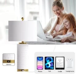 Sacramento 26 In. White Modern Dimmable Ceramic Bedroom Living Room Bedside Desk Table Lamps USB Port Set Of 2 -Lamp Parts white maxax table lamps t227 wh 1d 1000