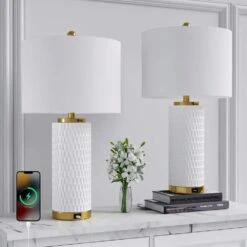 Sacramento 26 In. White Modern Dimmable Ceramic Bedroom Living Room Bedside Desk Table Lamps USB Port Set Of 2 -Lamp Parts white maxax table lamps t227 wh 77 1000