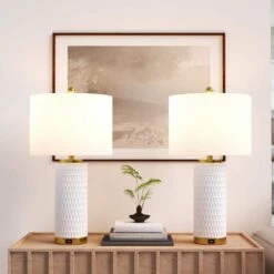 Sacramento 26 In. White Modern Dimmable Ceramic Bedroom Living Room Bedside Desk Table Lamps USB Port Set Of 2 -Lamp Parts white maxax table lamps t227 wh e1 1000