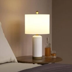 Sacramento 24.5 In. White Modern Dimmable Ceramic Bedroom Living Room Bedside Desk Table Lamps USB Port Set Of 2 -Lamp Parts white maxax table lamps t236 wh 40 1000