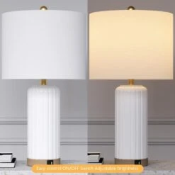 Sacramento 24.5 In. White Modern Dimmable Ceramic Bedroom Living Room Bedside Desk Table Lamps USB Port Set Of 2 -Lamp Parts white maxax table lamps t236 wh 66 1000