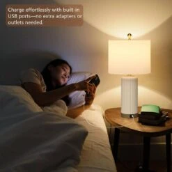 Sacramento 24.5 In. White Modern Dimmable Ceramic Bedroom Living Room Bedside Desk Table Lamps USB Port Set Of 2 -Lamp Parts white maxax table lamps t236 wh 77 1000