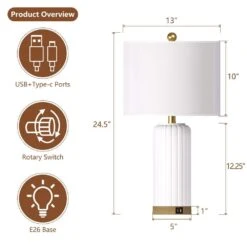 Sacramento 24.5 In. White Modern Dimmable Ceramic Bedroom Living Room Bedside Desk Table Lamps USB Port Set Of 2 -Lamp Parts white maxax table lamps t236 wh a0 1000