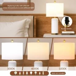 Sacramento 24.5 In. White Modern Dimmable Ceramic Bedroom Living Room Bedside Desk Table Lamps USB Port Set Of 2 -Lamp Parts white maxax table lamps t236 wh c3 1000
