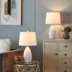 22 In. White Modern Dimmable Ceramic Bedroom Living Room Bedside Desk Nightstand Table Lamps (Set Of 2) -Lamp Parts white maxax table lamps t24 wh 4f 1000