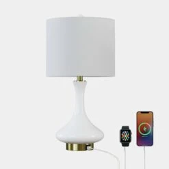 Sacramento 23 In. White Modern Dimmable Ceramic Bedroom Living Room Bedside Desk Nightstand Table Lamps Usb Port -Lamp Parts white maxax table lamps t252 wh s 1d 1000