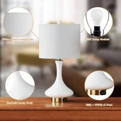 Sacramento 23 In. White Modern Dimmable Ceramic Bedroom Living Room Bedside Desk Nightstand Table Lamps Usb Port -Lamp Parts white maxax table lamps t252 wh s 66 1000