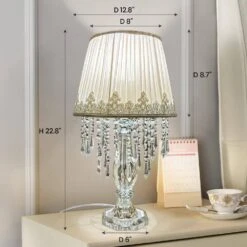 Set Of 2 22.8 In. White Elegant Crystal Column Table Lamps For Living Room With White Barrel Fabric Shades -Lamp Parts white pacific core table lamps hdsat hlt001 1f 1000