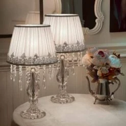 Set Of 2 22.8 In. White Elegant Crystal Column Table Lamps For Living Room With White Barrel Fabric Shades