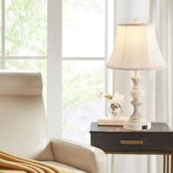 22 In. Vintage Bedside Lamps With Dual USB Table Lamps With 3-Way Dimmable White Finish With Bell Shape Faux Silk -Lamp Parts white rottogoon table lamps palp029aw2 31 1000