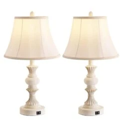 22 In. Vintage Bedside Lamps With Dual USB Table Lamps With 3-Way Dimmable White Finish With Bell Shape Faux Silk