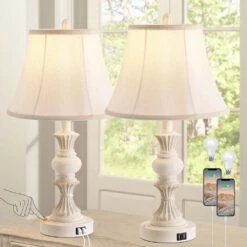 22 In. Vintage Bedside Lamps With Dual USB Table Lamps With 3-Way Dimmable White Finish With Bell Shape Faux Silk -Lamp Parts white rottogoon table lamps palp029aw2 c3 1000