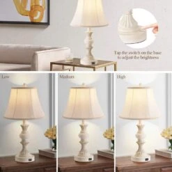 22 In. Vintage Bedside Lamps With Dual USB Table Lamps With 3-Way Dimmable White Finish With Bell Shape Faux Silk -Lamp Parts white rottogoon table lamps palp029aw2 d4 1000