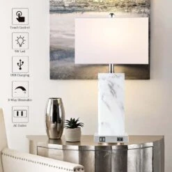 22.5''Touch Control Table Lamps Set Of 2, Modern White Resin Bedside Lamp With 2 USB Ports 1 AC Outlet, 3-Way Dimmable -Lamp Parts white rottogoon table lamps palp160bw2 d4 1000