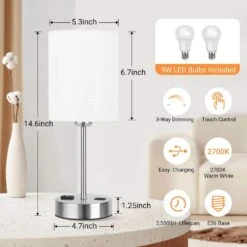 14.6 In. White Touch Table Lamps Set Of 2, Bedside Nightstand Lamps With USB Port And Power Outlet, 3 Way Dimmable -Lamp Parts white rottogoon table lamps palp303aw2 1d 1000