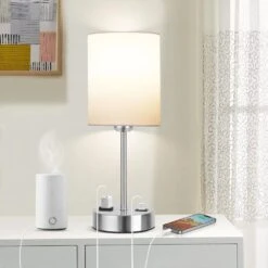 14.6 In. White Touch Table Lamps Set Of 2, Bedside Nightstand Lamps With USB Port And Power Outlet, 3 Way Dimmable -Lamp Parts white rottogoon table lamps palp303aw2 66 1000