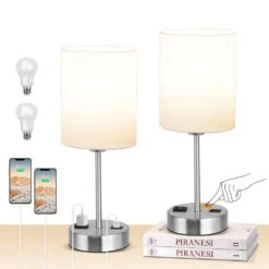 14.6 In. White Touch Table Lamps Set Of 2, Bedside Nightstand Lamps With USB Port And Power Outlet, 3 Way Dimmable -Lamp Parts white rottogoon table lamps palp303aw2 77 1000