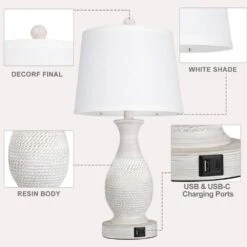 26 In. Farmhouse Table Lamps Set Of 2, Bedside Touch Lamp With USB C+A Ports White Fabric Shade LED Bulbs Include -Lamp Parts white rottogoon table lamps palp366ab2 1d 1000