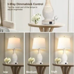 26 In. Farmhouse Table Lamps Set Of 2, Bedside Touch Lamp With USB C+A Ports White Fabric Shade LED Bulbs Include -Lamp Parts white rottogoon table lamps palp366ab2 66 1000