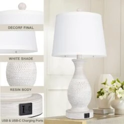 26 In. Farmhouse Table Lamps Set Of 2, Bedside Touch Lamp With USB C+A Ports White Fabric Shade LED Bulbs Include -Lamp Parts white rottogoon table lamps palp366ab2 c3 1000