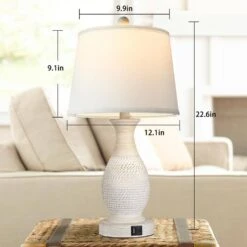26 In. Farmhouse Table Lamps Set Of 2, Bedside Touch Lamp With USB C+A Ports White Fabric Shade LED Bulbs Include -Lamp Parts white rottogoon table lamps palp366ab2 d4 1000