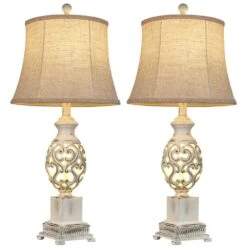 28 In. Distressed White Tall Bedside Lamp With Night Light Rustic Table Lamps With Linen Shade For Living Room End Table