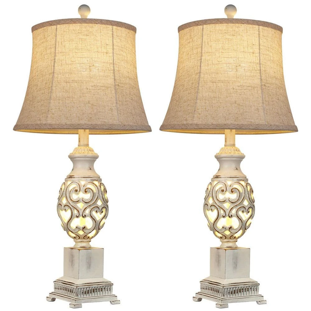28 In. Distressed White Tall Bedside Lamp With Night Light Rustic Table Lamps With Linen Shade For Living Room End Table 3 28 In. Distressed White Tall Bedside Lamp With Night Light Rustic Table Lamps With Linen Shade For Living Room End Table
