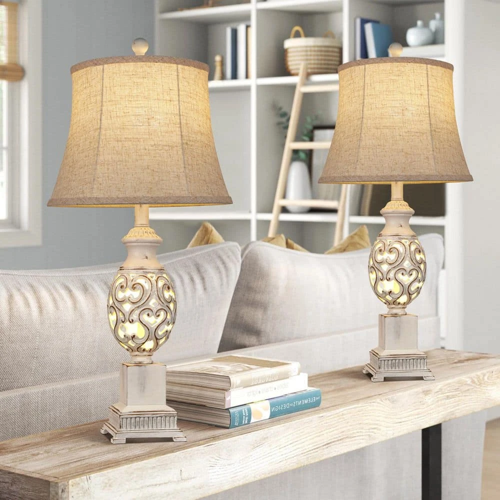 28 In. Distressed White Tall Bedside Lamp With Night Light Rustic Table Lamps With Linen Shade For Living Room End Table 8 28 In. Distressed White Tall Bedside Lamp With Night Light Rustic Table Lamps With Linen Shade For Living Room End Table - Image 6