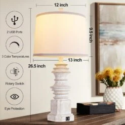 26.5"White Table Lamps Set Of 2, Farmhouse Nightstand Lamp Tall End Lamps With Dual USB 3 Color Modes Bulbs For Decor -Lamp Parts white rottogoon table lamps qmlp307aw2 1d 1000