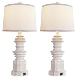 26.5"White Table Lamps Set Of 2, Farmhouse Nightstand Lamp Tall End Lamps With Dual USB 3 Color Modes Bulbs For Decor