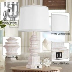 26.5"White Table Lamps Set Of 2, Farmhouse Nightstand Lamp Tall End Lamps With Dual USB 3 Color Modes Bulbs For Decor -Lamp Parts white rottogoon table lamps qmlp307aw2 66 1000