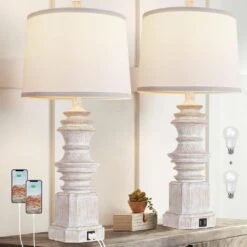 26.5"White Table Lamps Set Of 2, Farmhouse Nightstand Lamp Tall End Lamps With Dual USB 3 Color Modes Bulbs For Decor -Lamp Parts white rottogoon table lamps qmlp307aw2 d4 1000