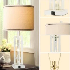 27.5 In. Farmhouse White Table Lamps With USB Ports, Nightstand Lamps With 2 LED Blubs For Living Room Bedroom Office -Lamp Parts white rottogoon table lamps rolp045ay2 40 1000