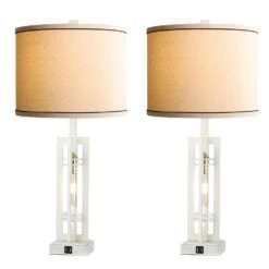 27.5 In. Farmhouse White Table Lamps With USB Ports, Nightstand Lamps With 2 LED Blubs For Living Room Bedroom Office -Lamp Parts white rottogoon table lamps rolp045ay2 44 1000
