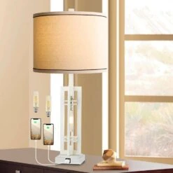 27.5 In. Farmhouse White Table Lamps With USB Ports, Nightstand Lamps With 2 LED Blubs For Living Room Bedroom Office -Lamp Parts white rottogoon table lamps rolp045ay2 66 1000