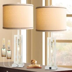 27.5 In. Farmhouse White Table Lamps With USB Ports, Nightstand Lamps With 2 LED Blubs For Living Room Bedroom Office -Lamp Parts white rottogoon table lamps rolp045ay2 d4 1000