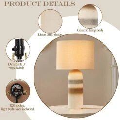 26.8 In. White Brown Ceramic Table Lamp, 3-Way Dimmable Nightstand Lamps -Lamp Parts white uixe table lamps ssl 2003wb 1 1f 1000