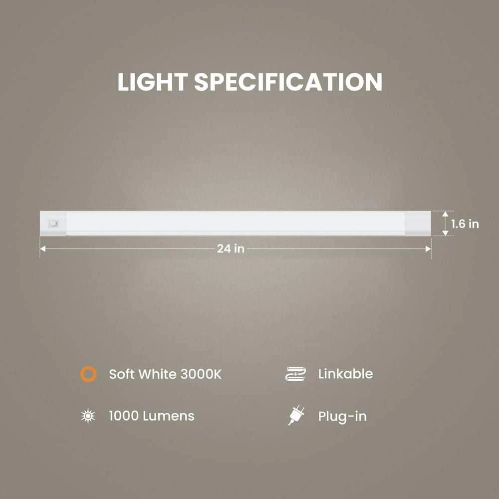 24 In. Plug-In White Integrated LED Linkable Under Cabinet Light, Soft White 3000K 8 24 In. Plug-In White Integrated LED Linkable Under Cabinet Light, Soft White 3000K - Image 6