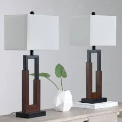 Montgomery 30 In. Wood Grain Color Mid-Century Dimmable Metal Bedroom Bedside Desk Tall Table Lamps USB Port Set Of 2 -Lamp Parts wood grain color solid wood maxax table lamps t106 wg 1d 1000