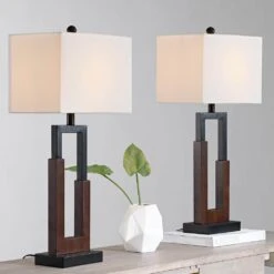 Montgomery 30 In. Wood Grain Color Mid-Century Dimmable Metal Bedroom Bedside Desk Tall Table Lamps USB Port Set Of 2 -Lamp Parts wood grain color solid wood maxax table lamps t106 wg 76 1000